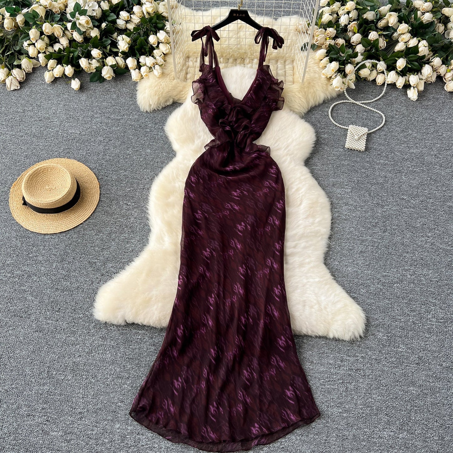 Purple V-neck Ruffled Evening Gown