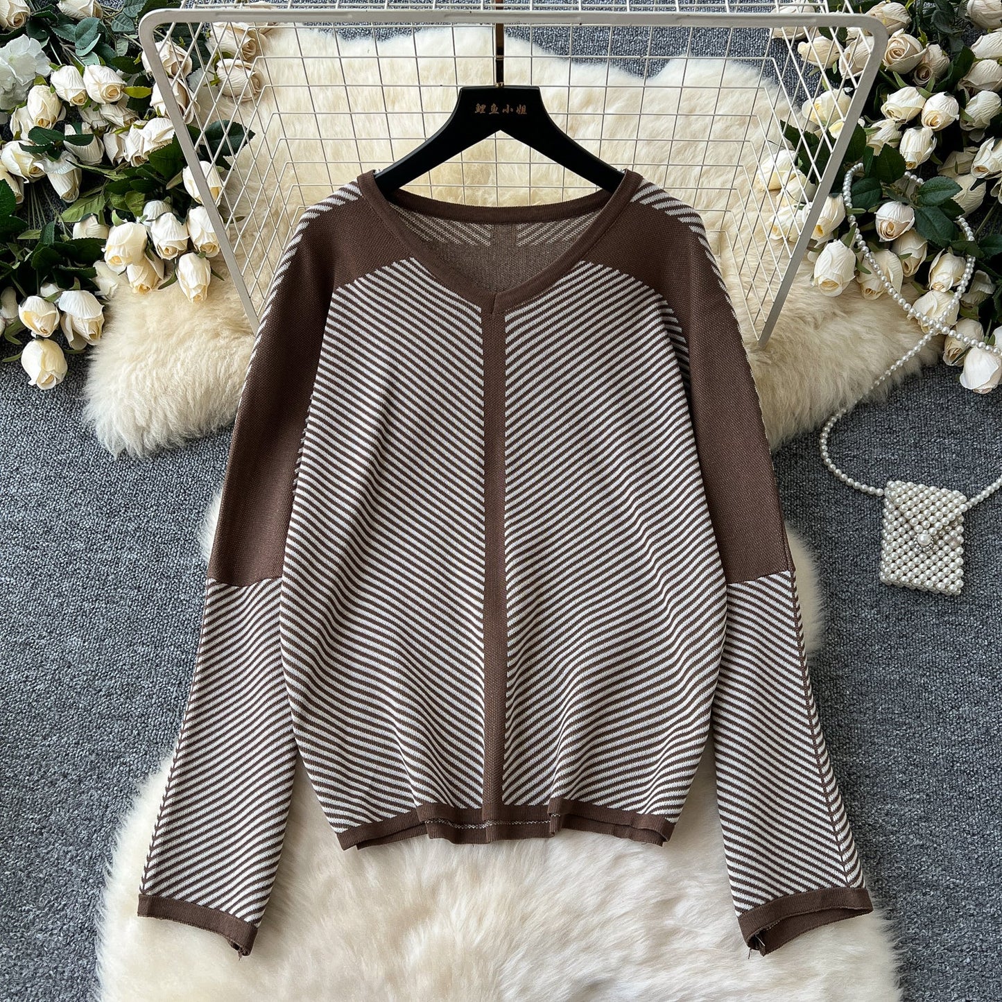 Striped V-Neck Knit Set – Sweater & Trousers