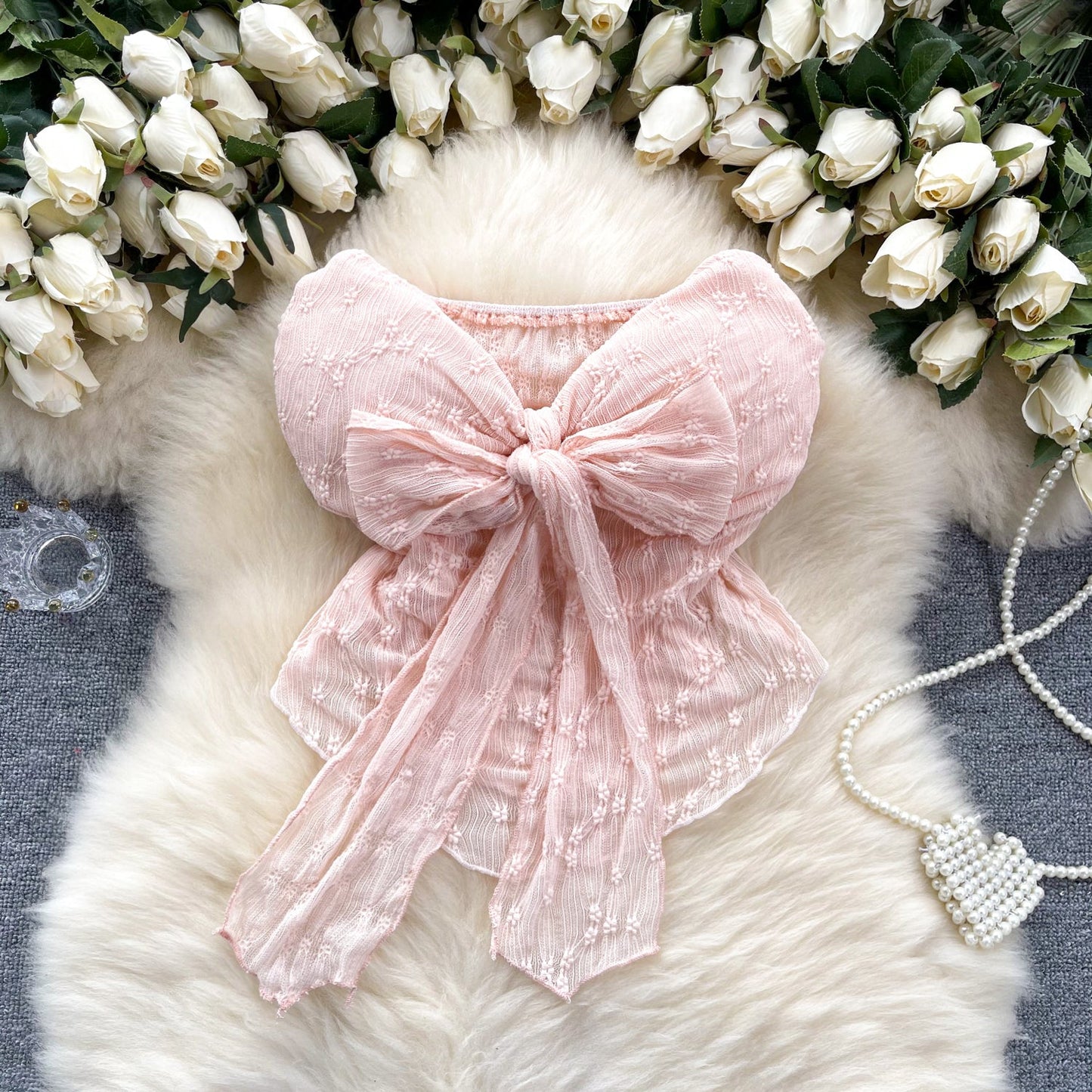 Ethereal Bow-Adorned Lace Bustier Top