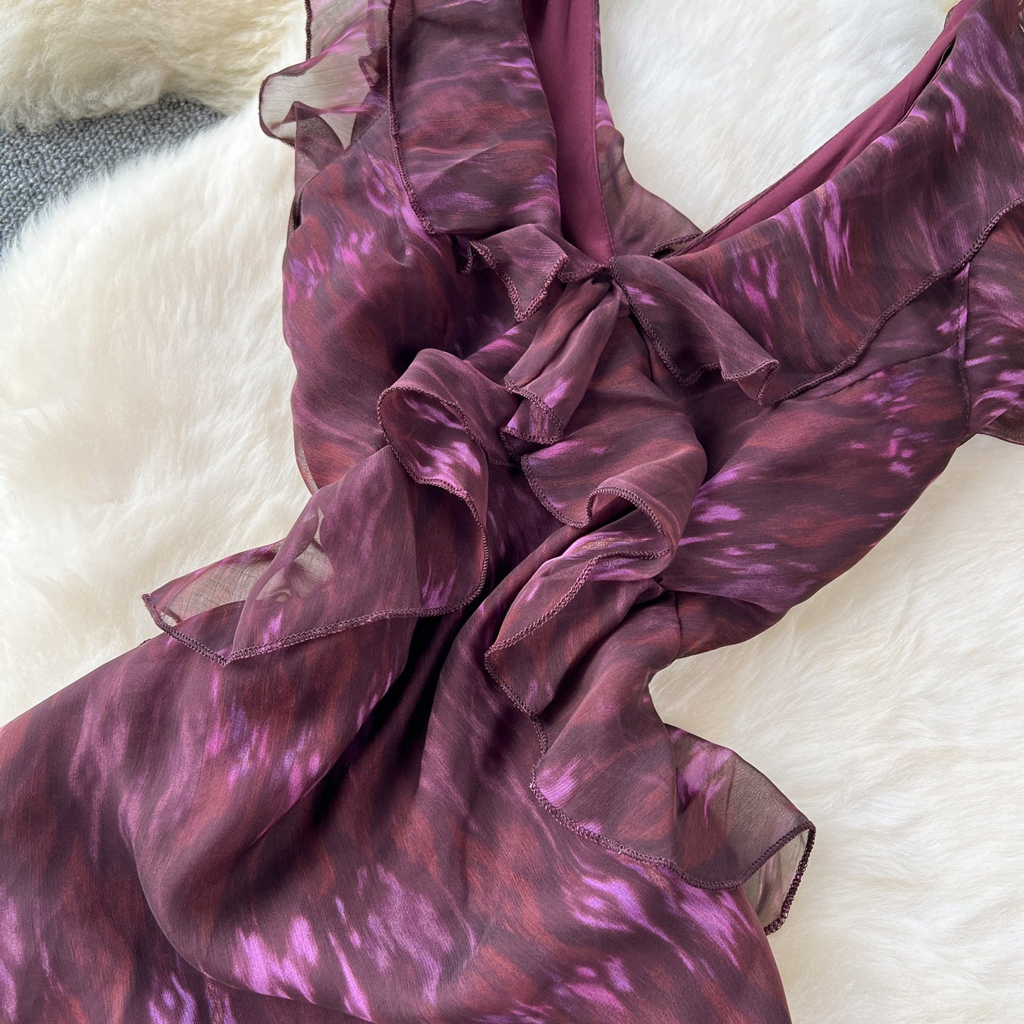 Purple V-neck Ruffled Evening Gown