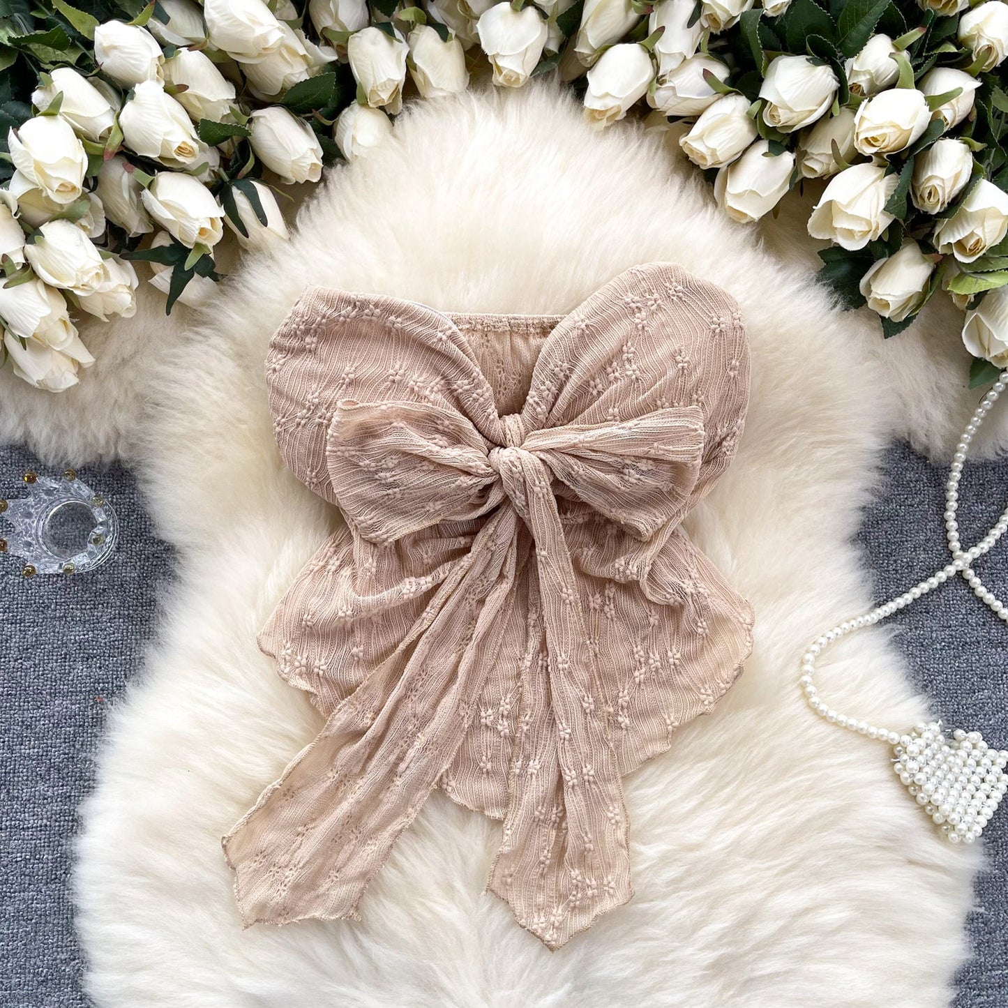Ethereal Bow-Adorned Lace Bustier Top