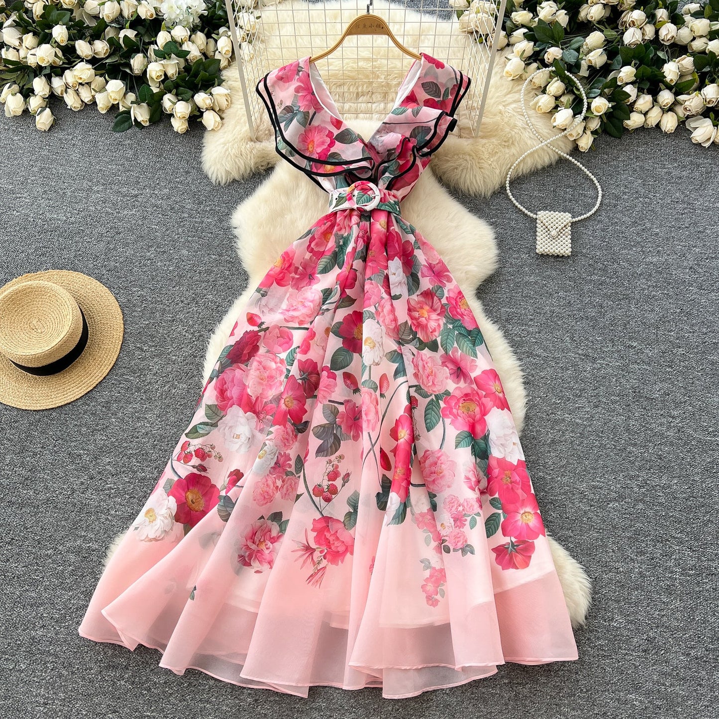 Blossom Cascade V-Neck Ruffles Dress