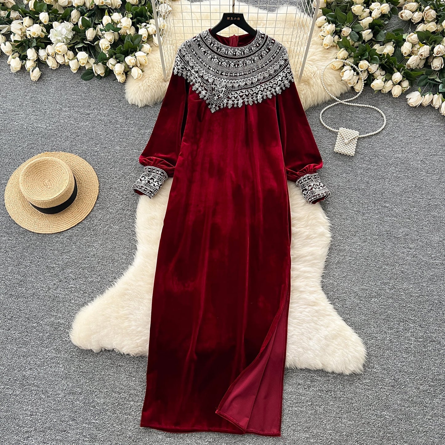 Bead-Adorned Suede Maxi Dress