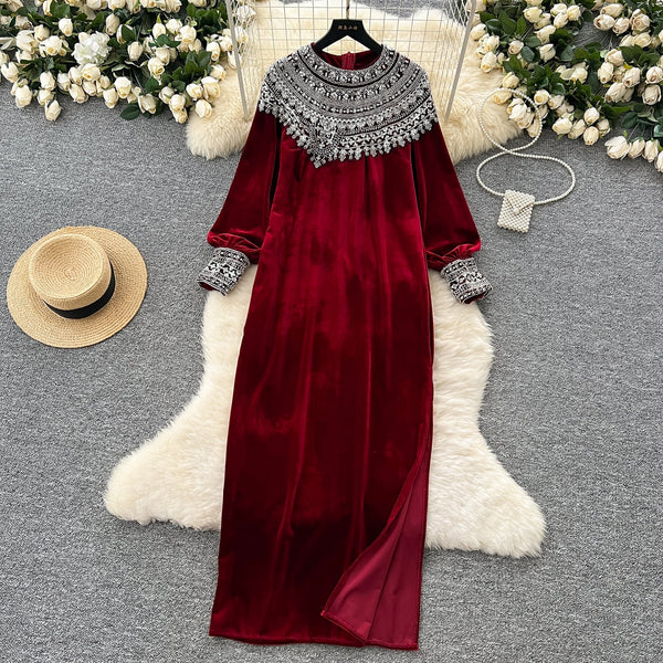 Bead-Adorned Suede Maxi Dress