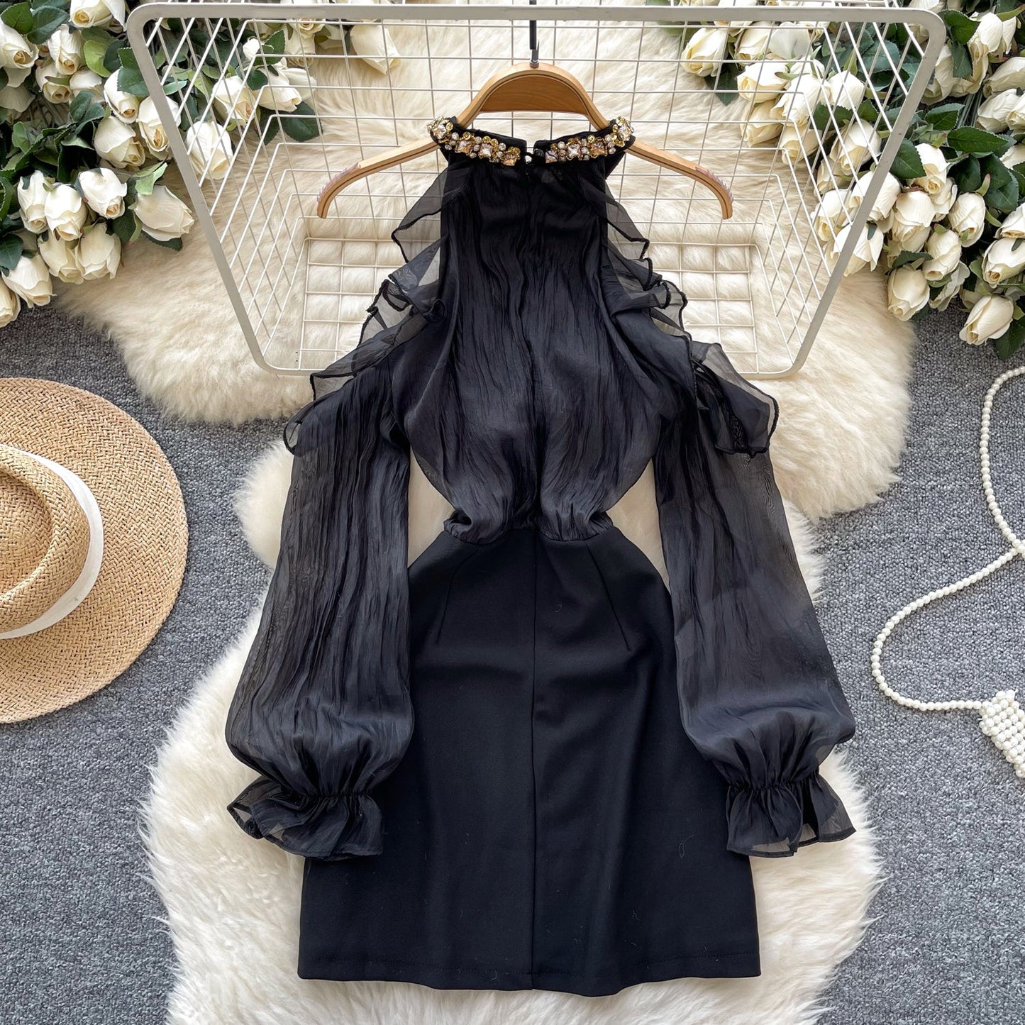 Parisian Black Beaded V-Neck Dress