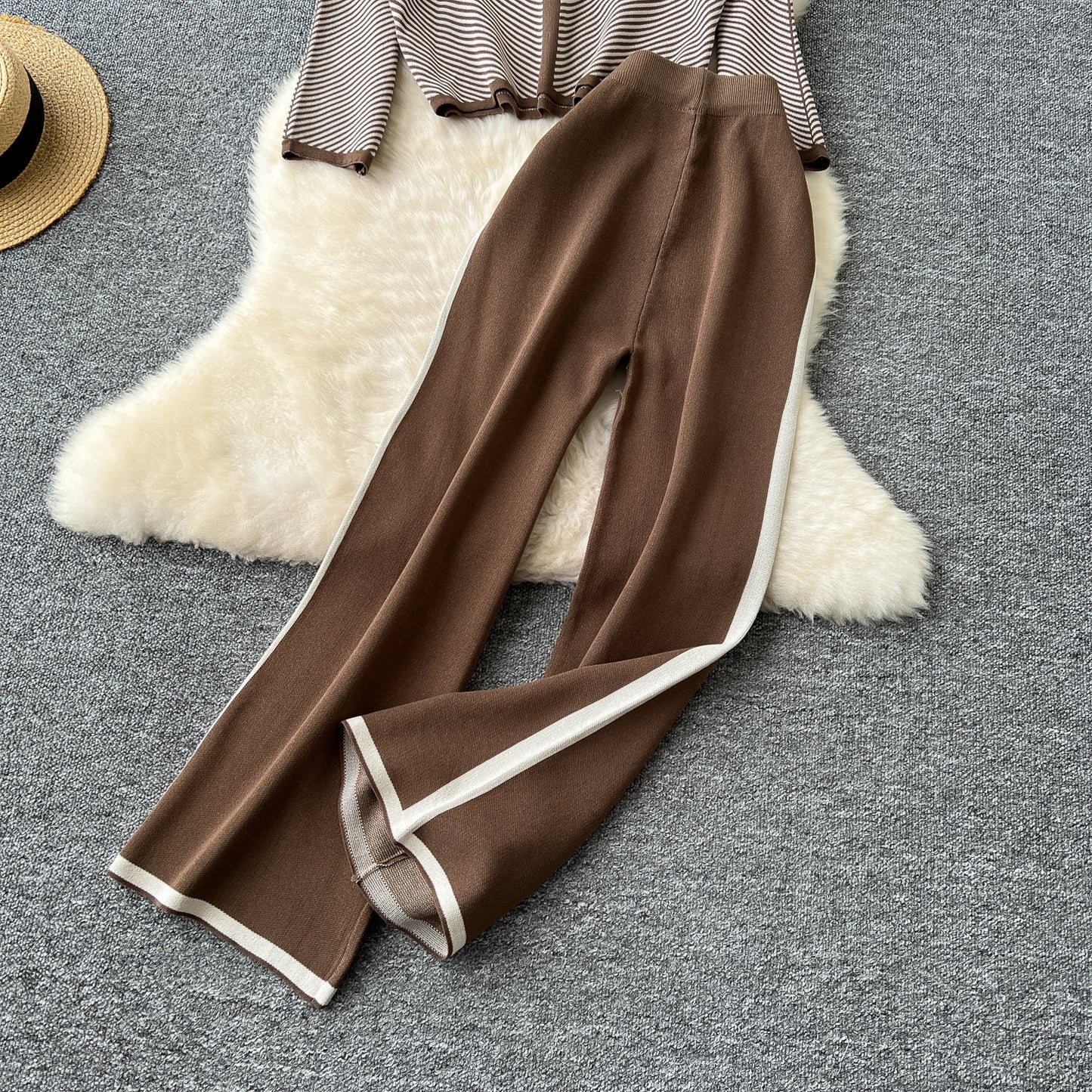 Striped V-Neck Knit Set – Sweater & Trousers