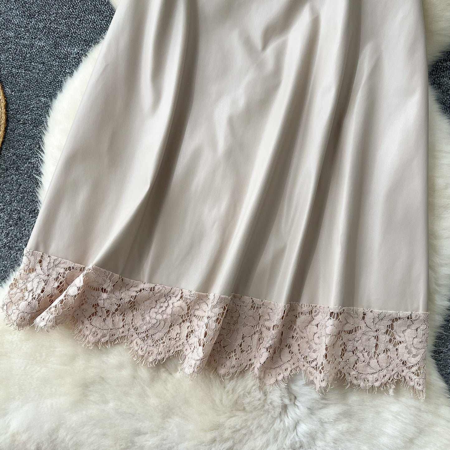 Geometric Lace & Faux Leather Midi Skirt