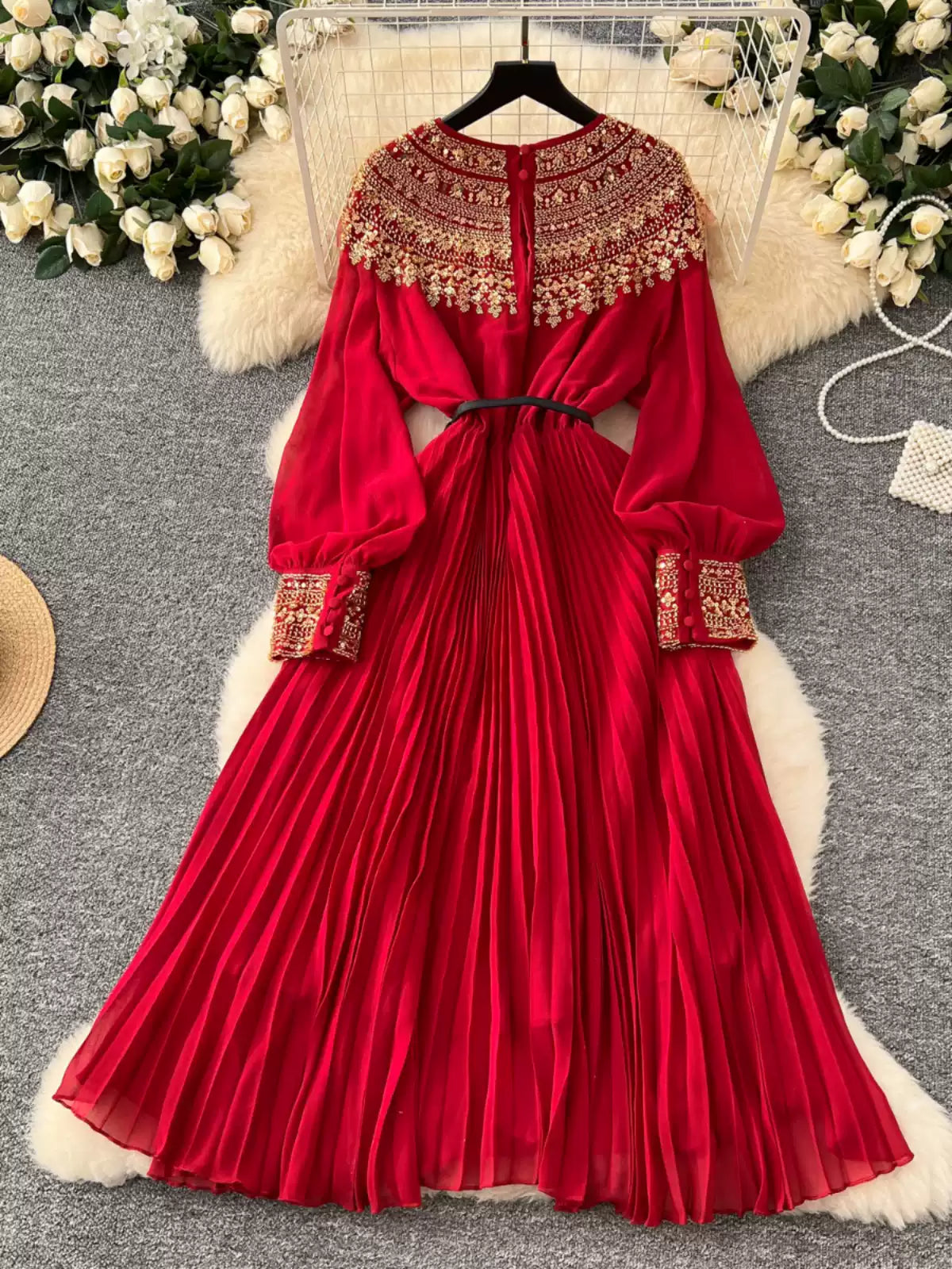 Rhinestone Embellished Pleated Dress