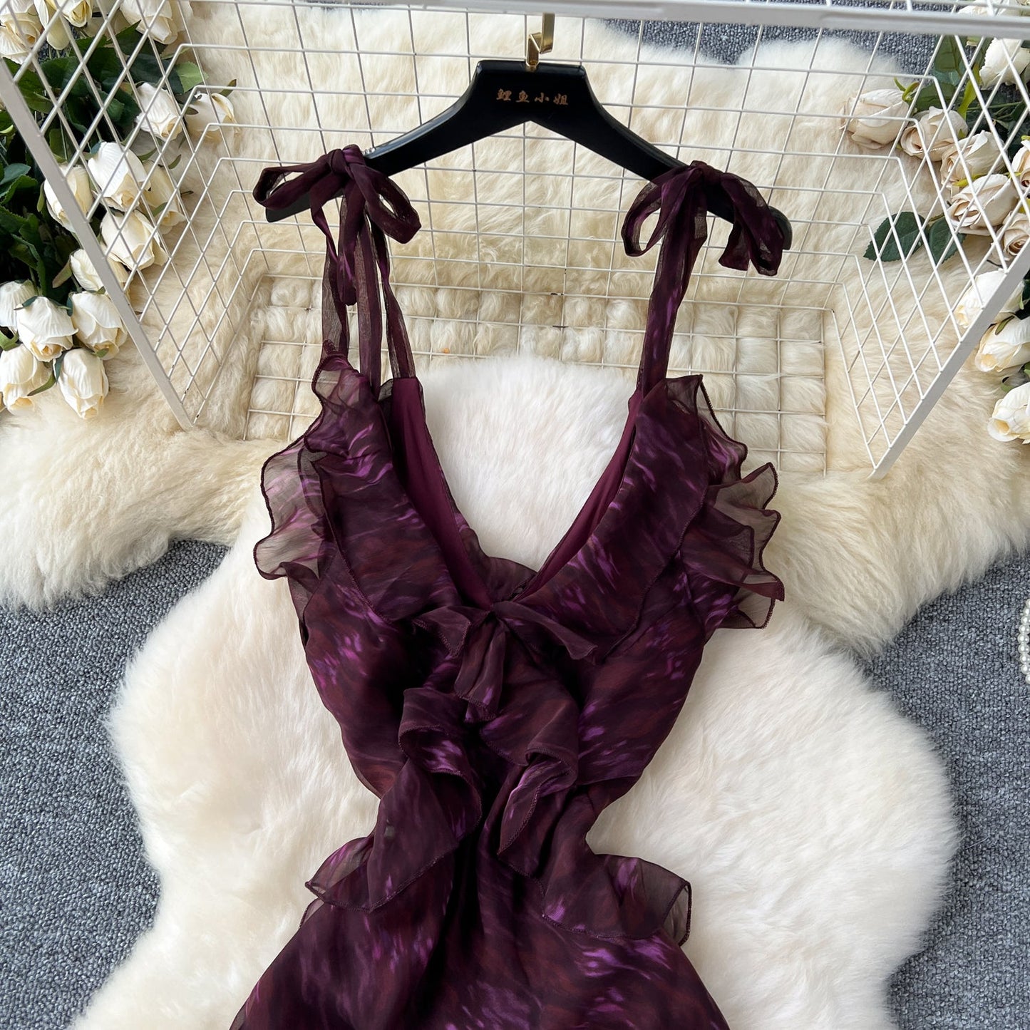 Purple V-neck Ruffled Evening Gown