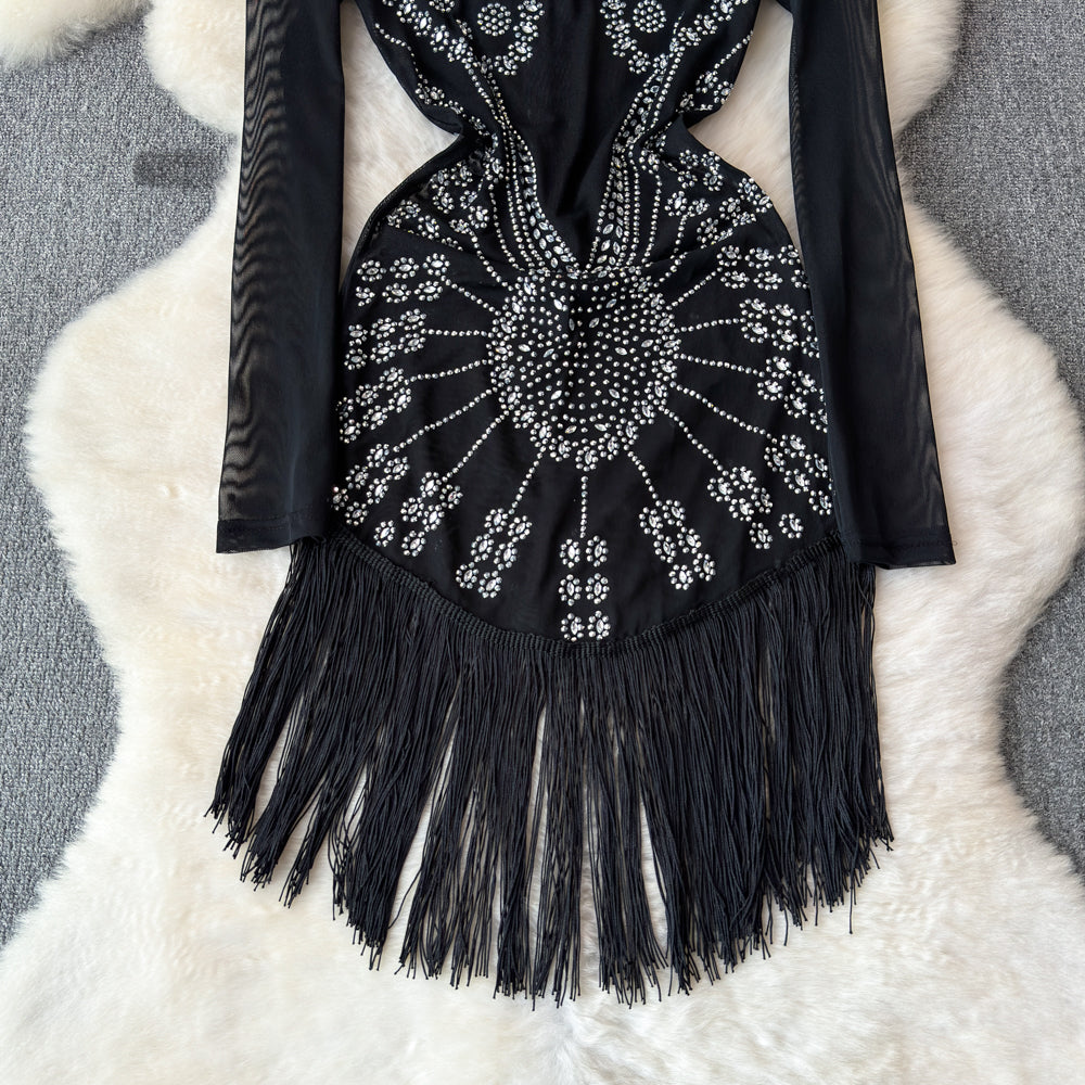 Sequin Fringe Black Cocktail Dress