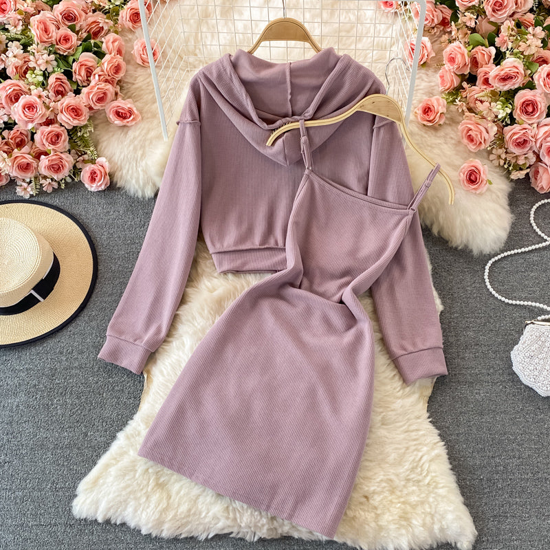 Cropped Zip Up Hoodie with Slip Dress