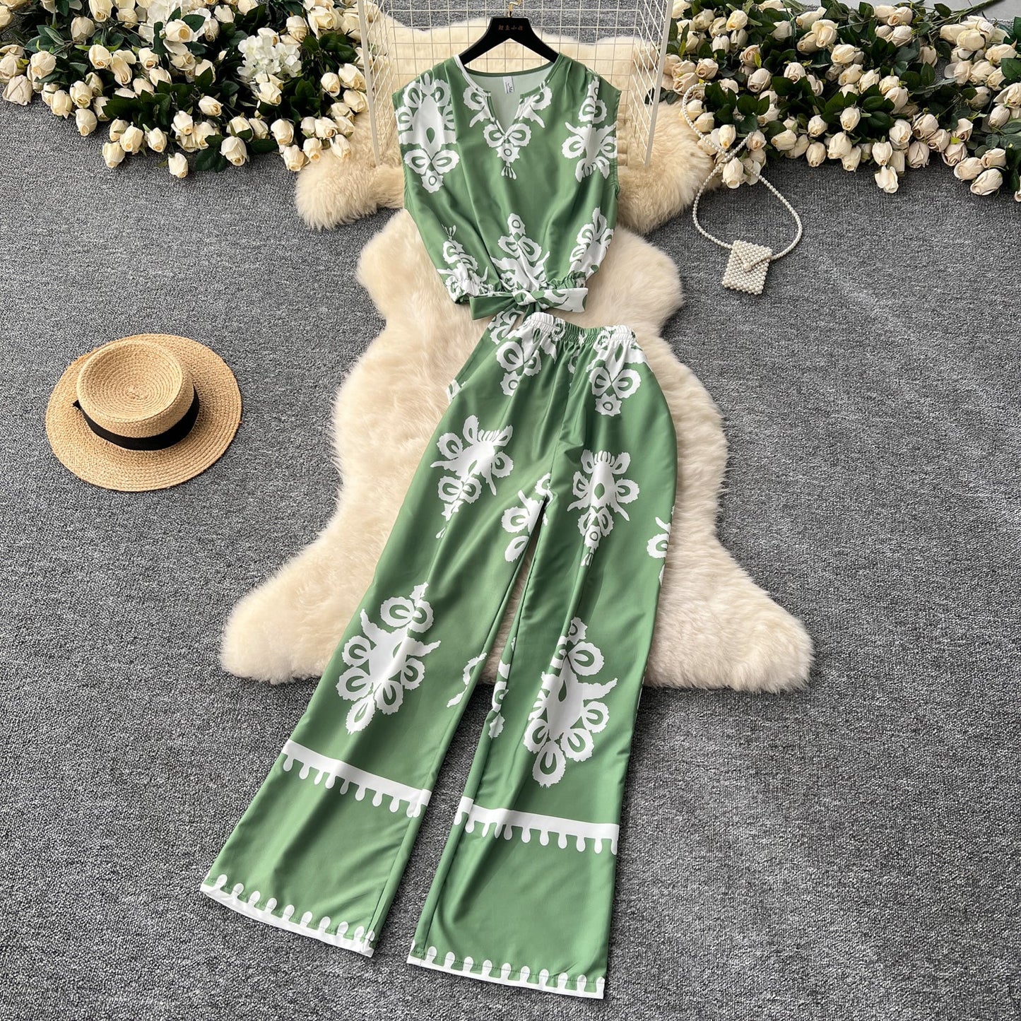 Printed Sleeveless Top & Wide Leg Pants Set