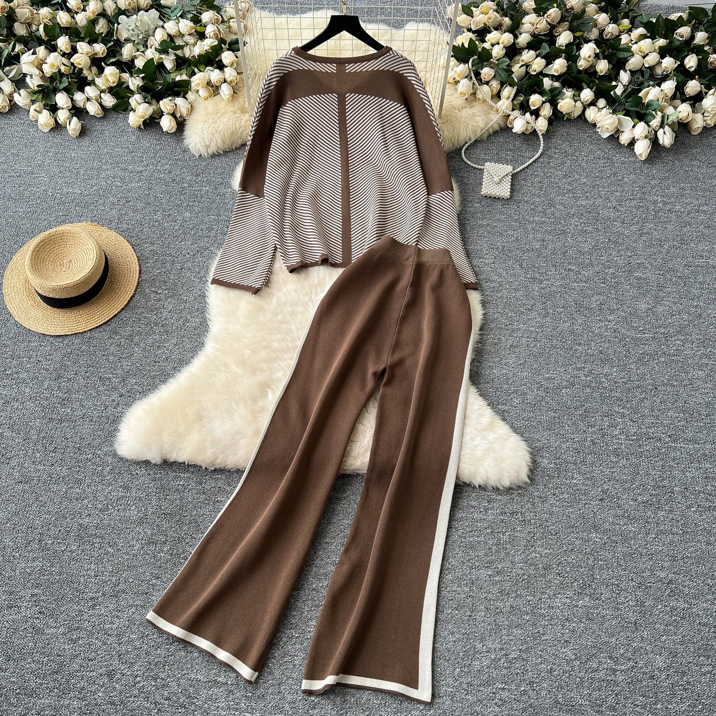 Striped V-Neck Knit Set – Sweater & Trousers