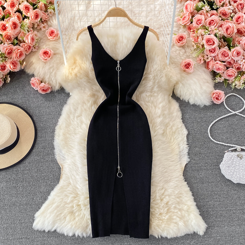 Bodycon Knit Dress with Front Zipper