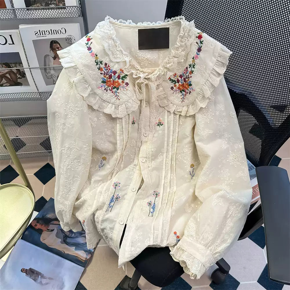 Victorian-Inspired Doll Collar Embroidered Blouse
