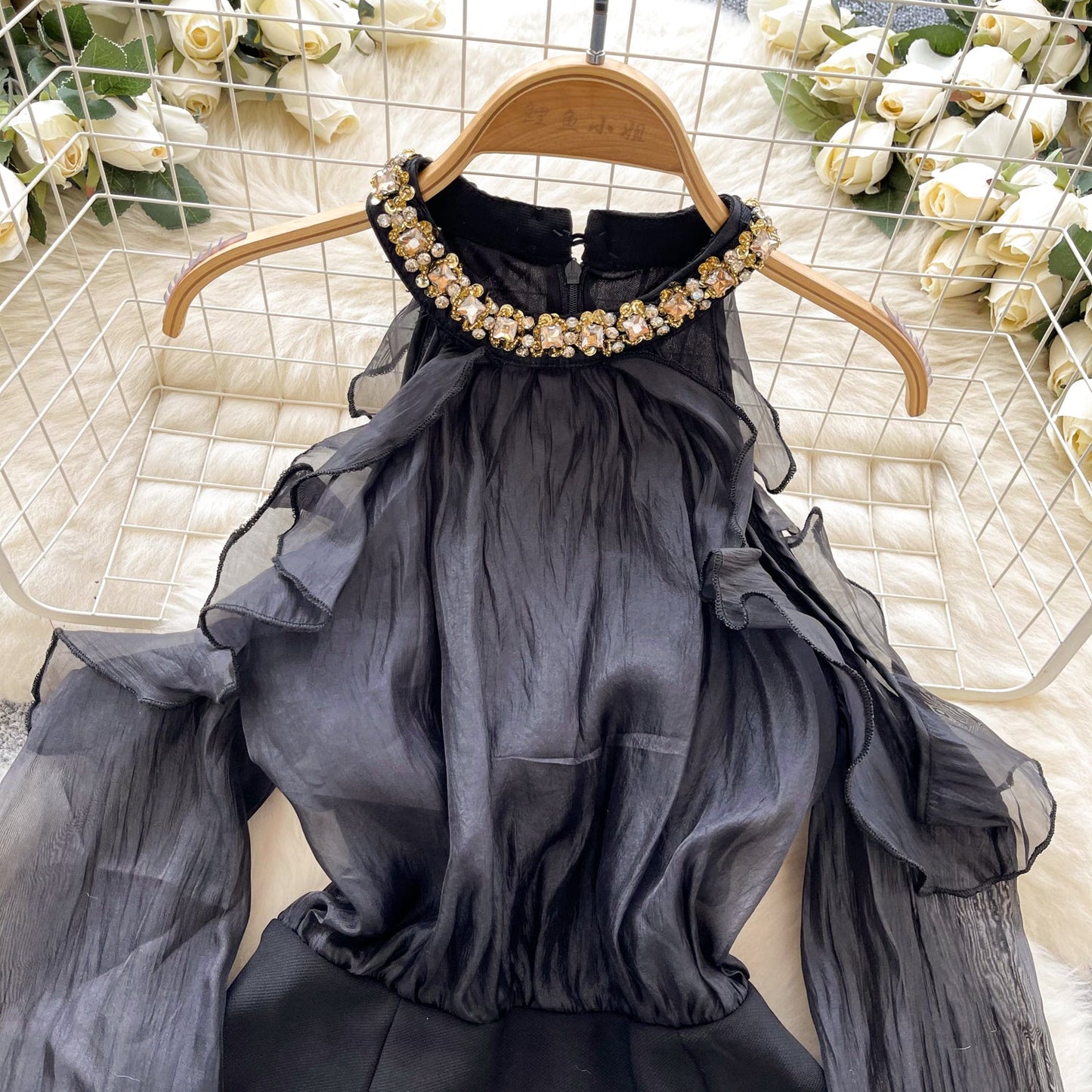Parisian Black Beaded V-Neck Dress