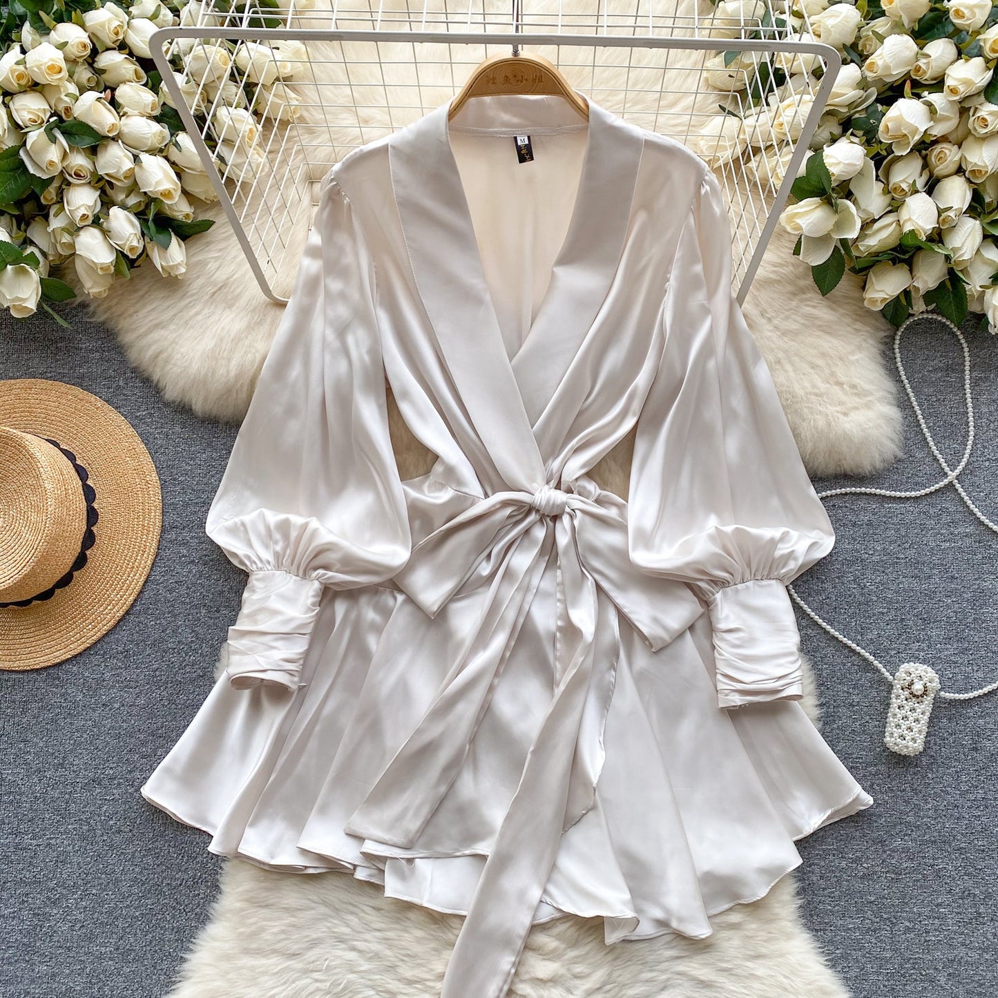 Shawl Collar Satin Wrap Dress