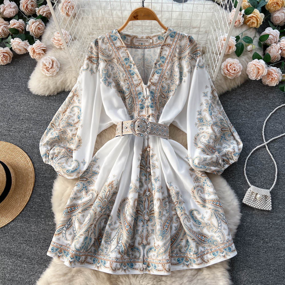 Ethnic Style Floral Belted Dress