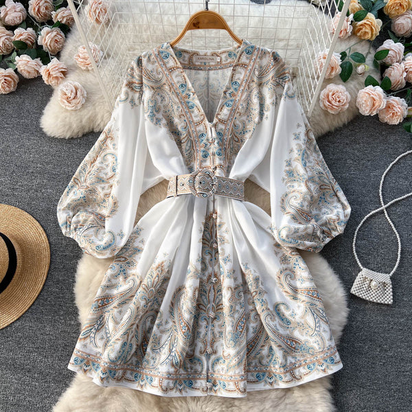 Ethnic Style Floral Belted Dress