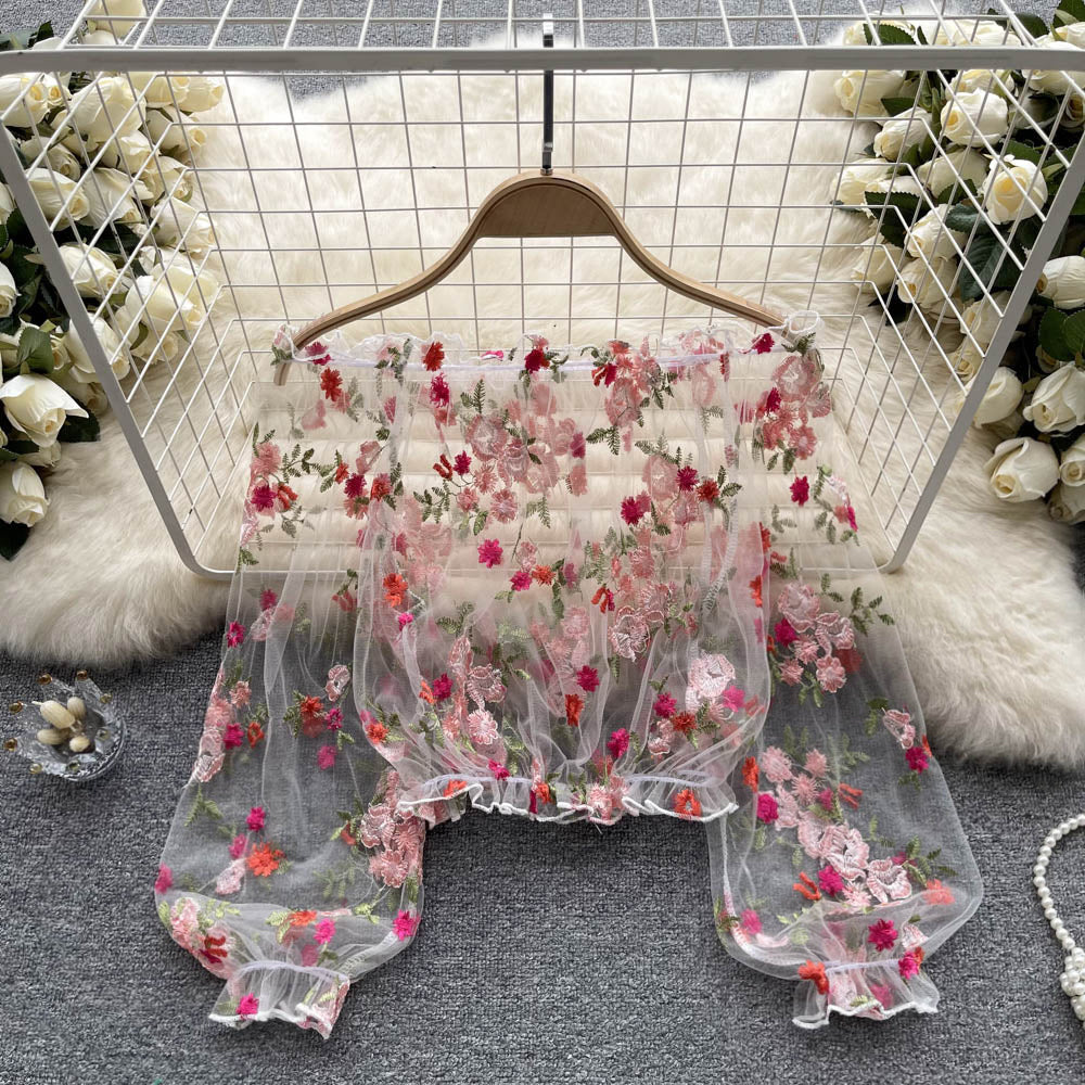 Delicate Floral Embroidery Neckline Blouse