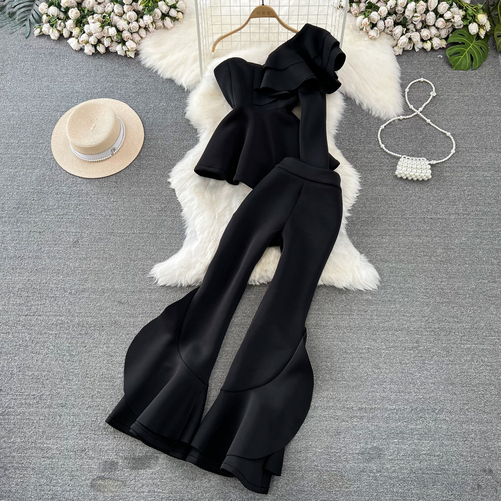 Asymmetrical Ruffle One-Shoulder Top & Palazzo Pants Set