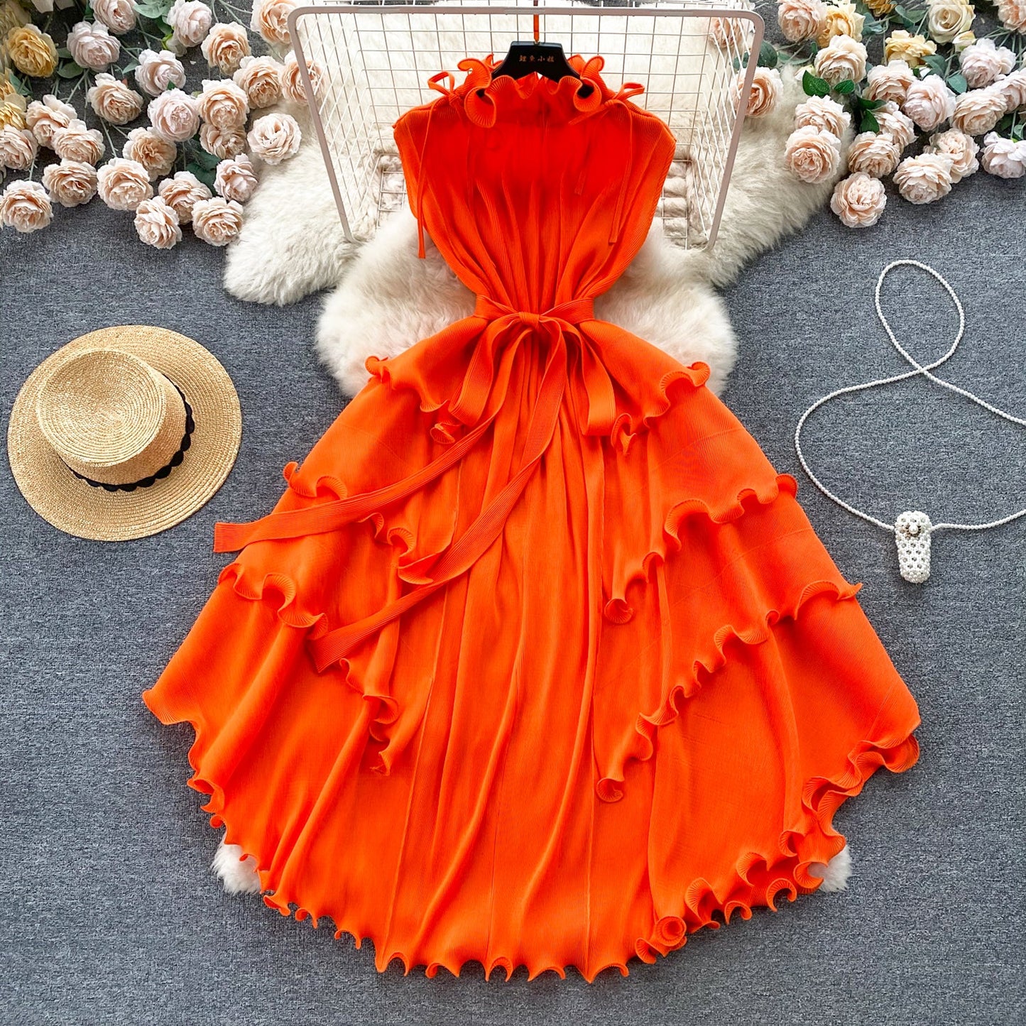 Solid Color Ruffled Sleeveless Dress