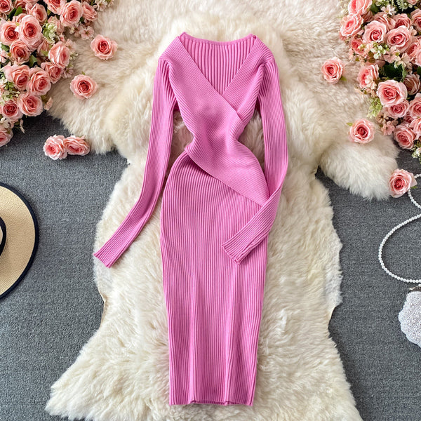 Body-Hugging V-Neck Knitted Gown