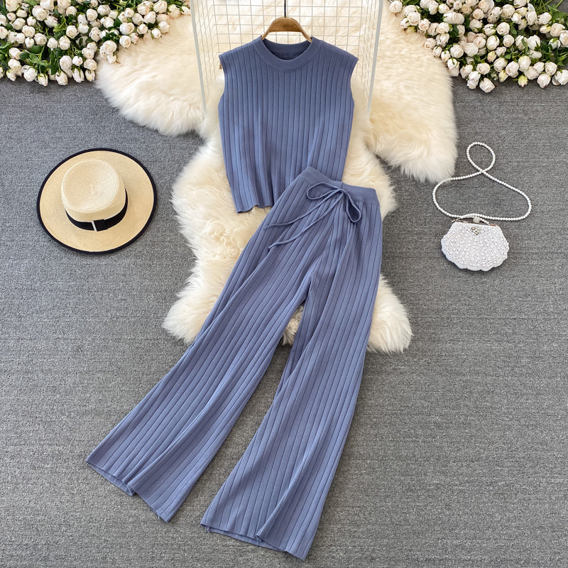 Knit Sleeveless Top Wide Leg Pants Two Piece Set