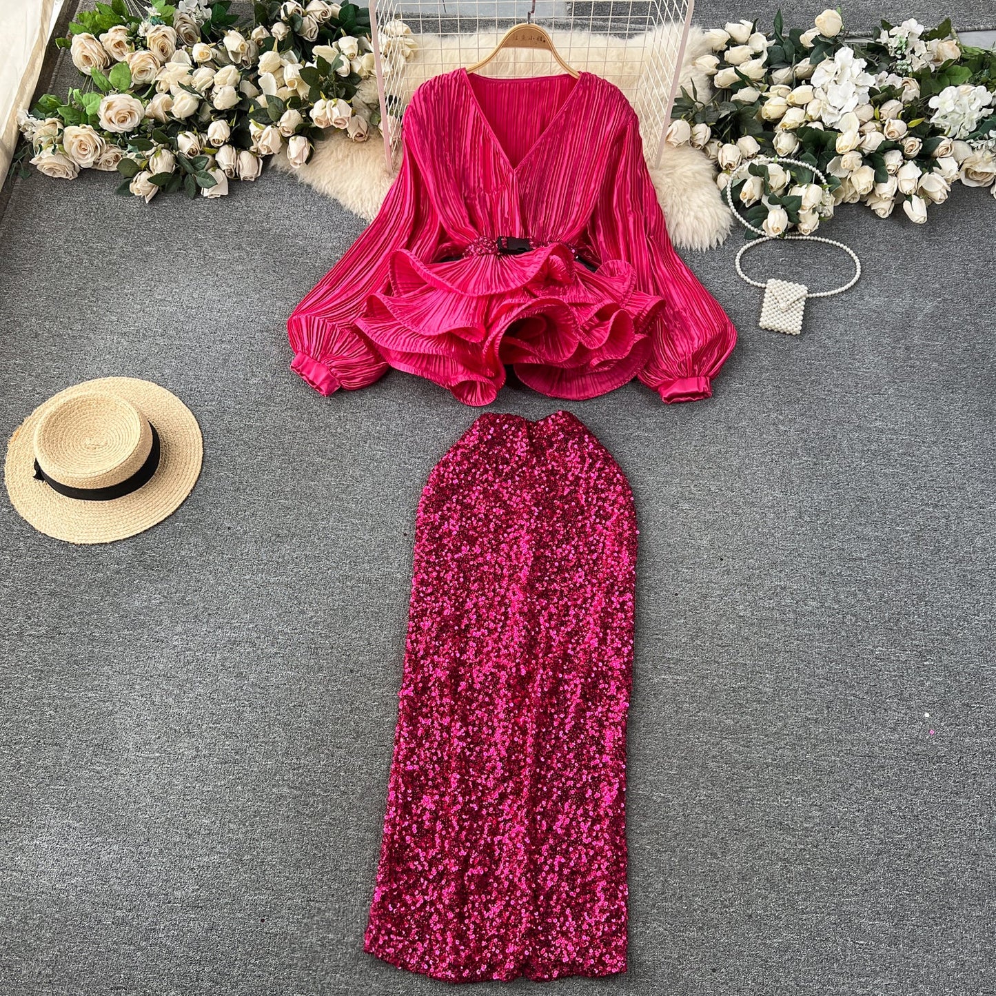 Glam Ruffle Blouse & Sequin Skirt Ensemble