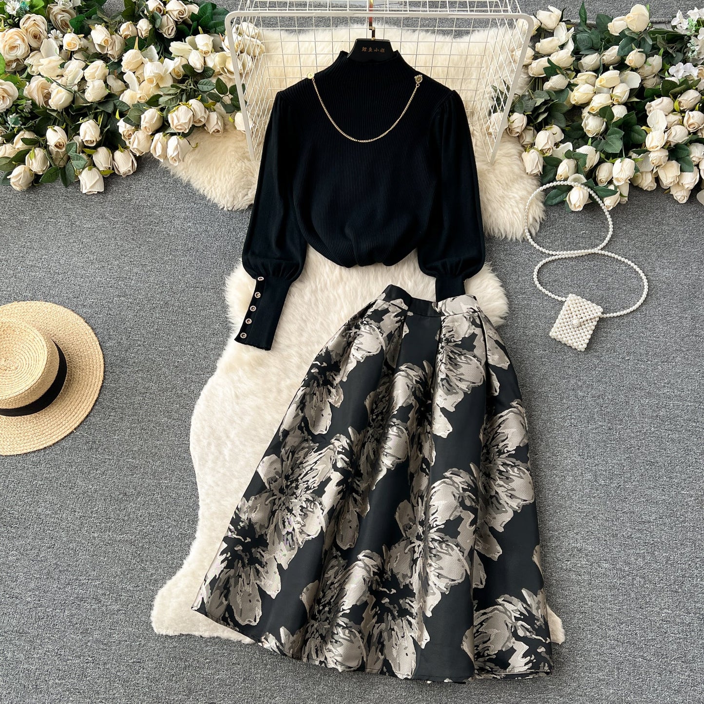 Elegant Knit Floral Jacquard Skirt Set