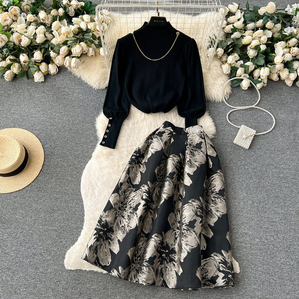 Elegant Knit Floral Jacquard Skirt Set