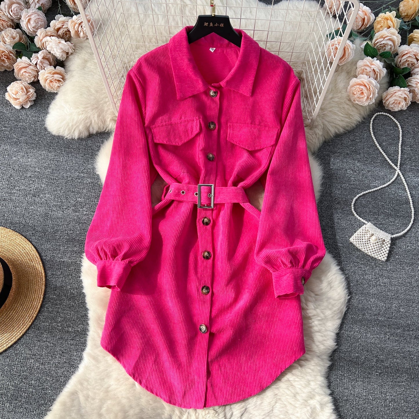 Contemporary Sleek Corduroy Shirt Dress