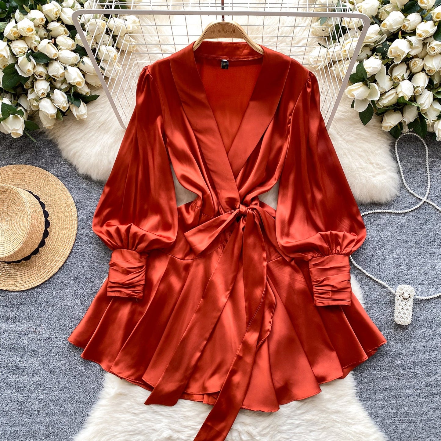Shawl Collar Satin Wrap Dress