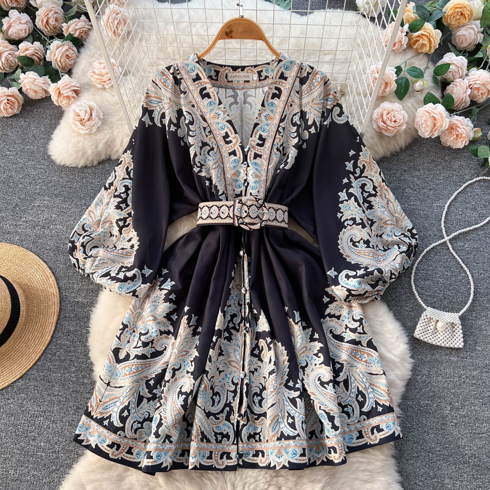 Ethnic Style Floral Belted Dress