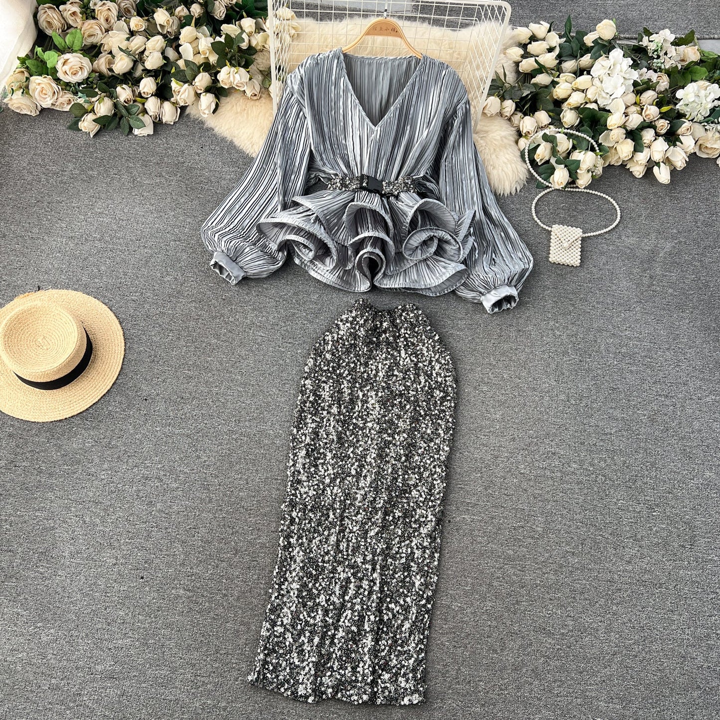 Glam Ruffle Blouse & Sequin Skirt Ensemble