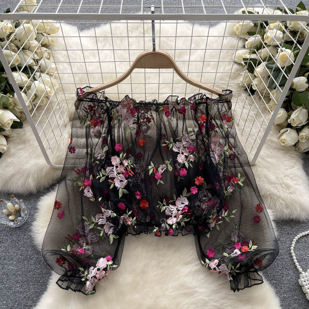 Delicate Floral Embroidery Neckline Blouse