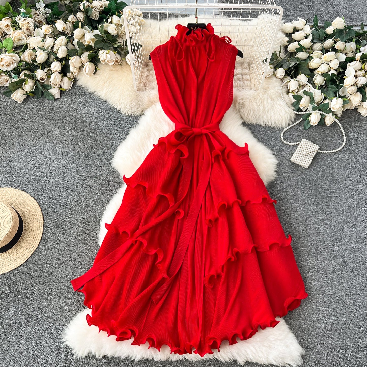 Solid Color Ruffled Sleeveless Dress