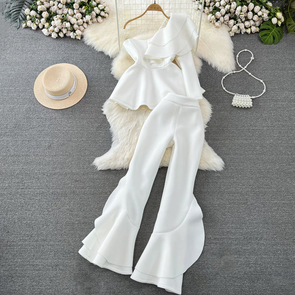 Asymmetrical Ruffle One-Shoulder Top & Palazzo Pants Set
