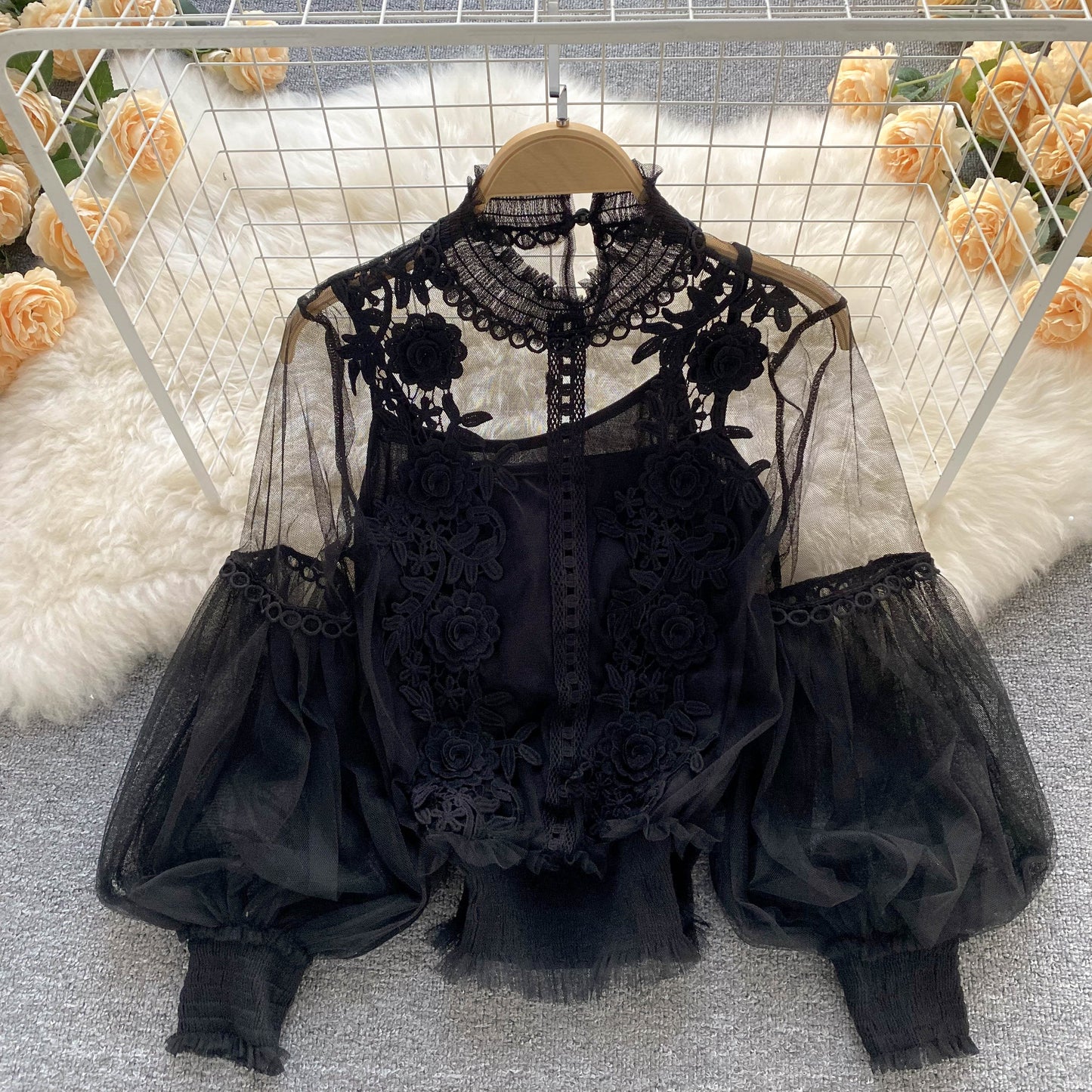 Ethereal Mesh Lantern-Sleeve Blouse