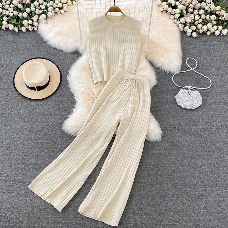 Knit Sleeveless Top Wide Leg Pants Two Piece Set