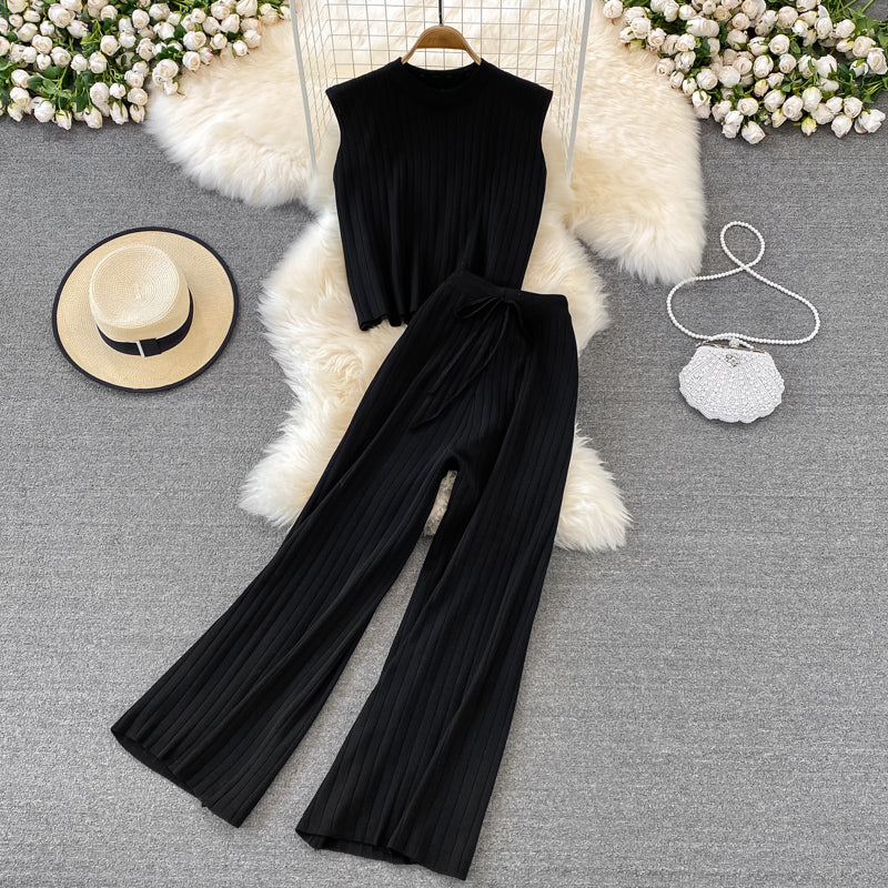 Knit Sleeveless Top Wide Leg Pants Two Piece Set