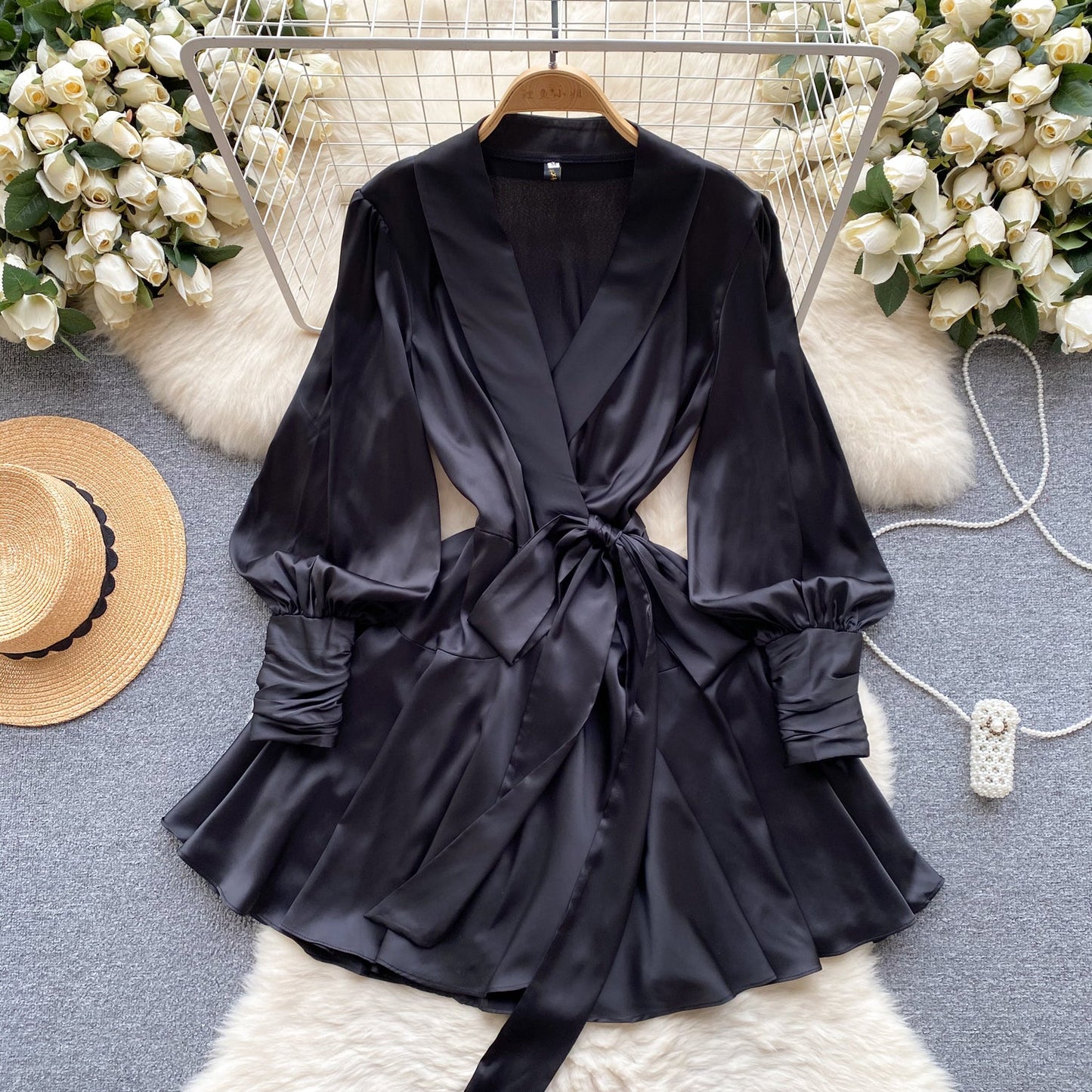 Shawl Collar Satin Wrap Dress