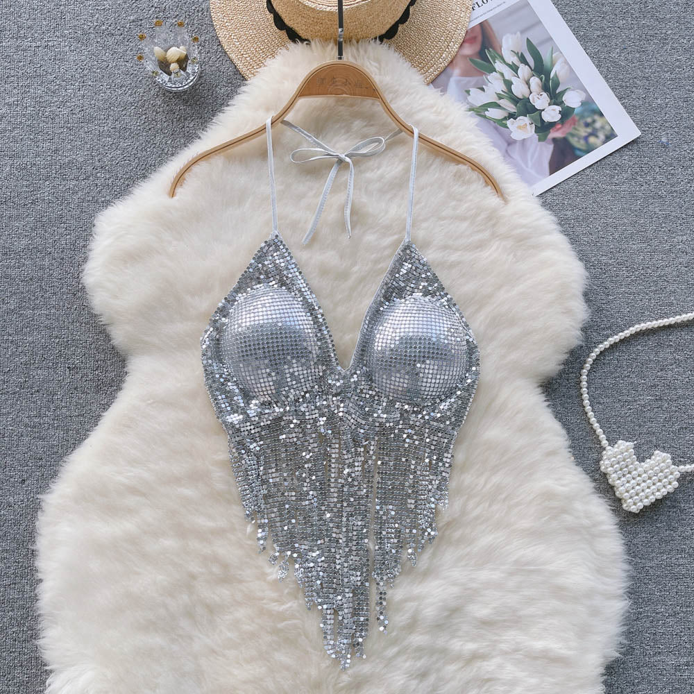 Disco Sequin Halter Vest with Long Tassels