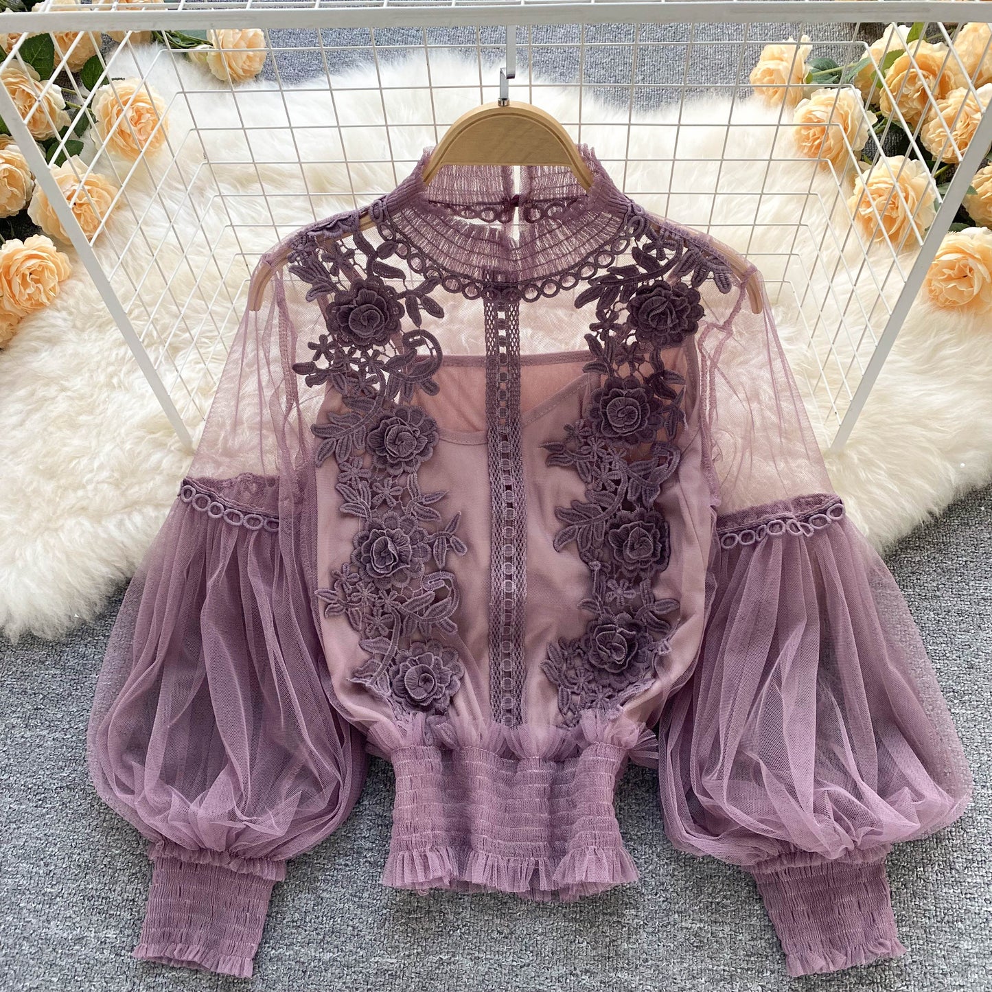 Ethereal Mesh Lantern-Sleeve Blouse