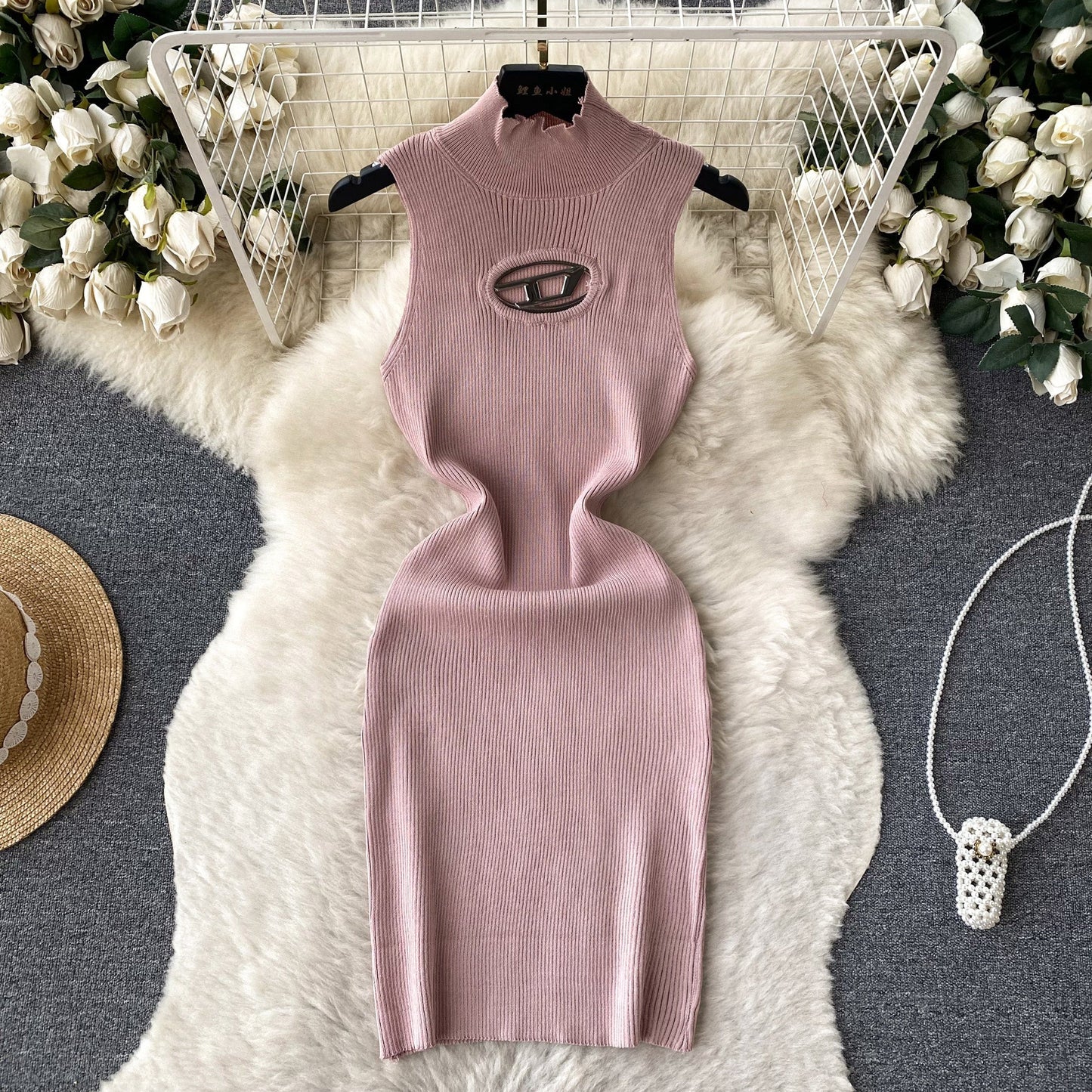 Open-Knit Semi-Turtleneck Bodycon Dress