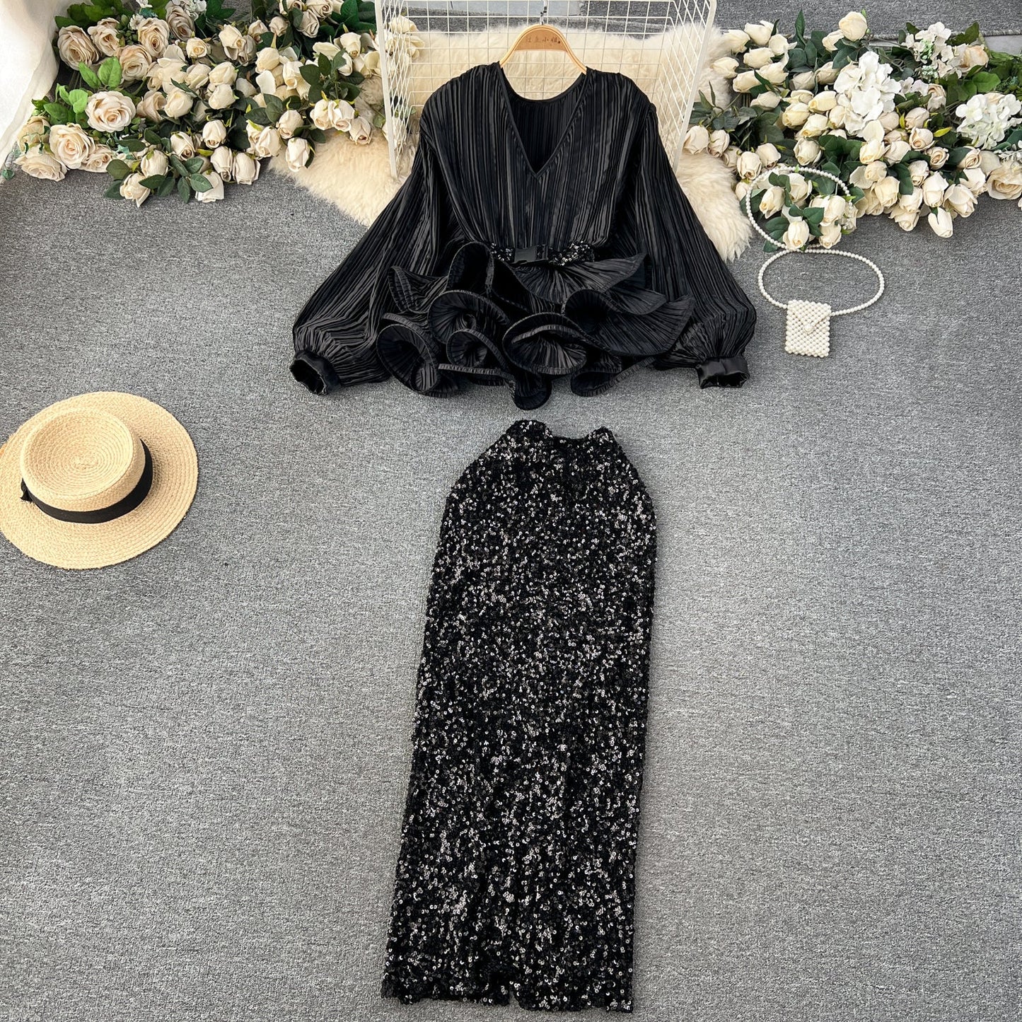 Glam Ruffle Blouse & Sequin Skirt Ensemble