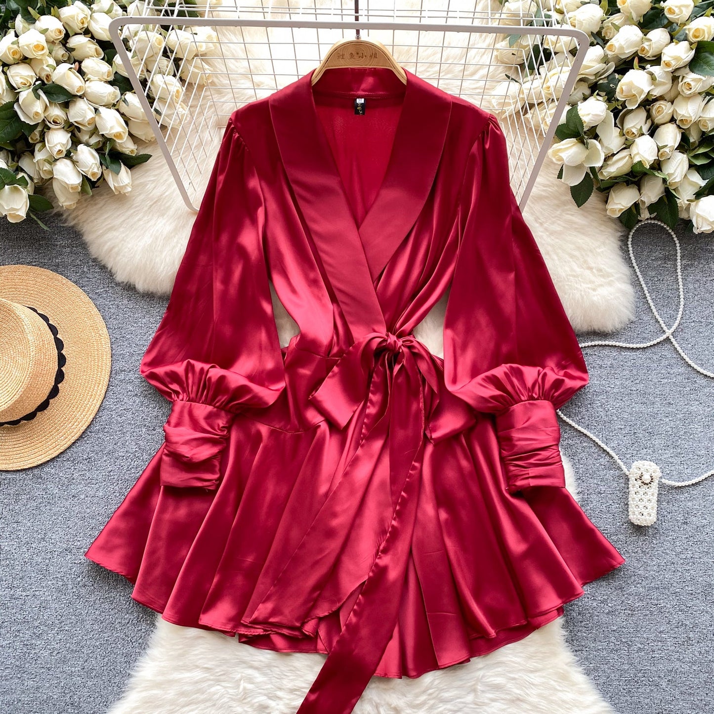 Shawl Collar Satin Wrap Dress