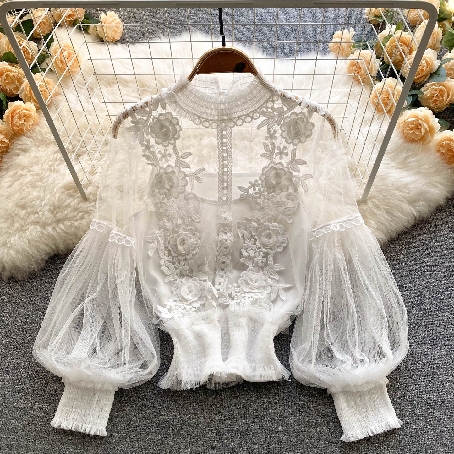 Ethereal Mesh Lantern-Sleeve Blouse