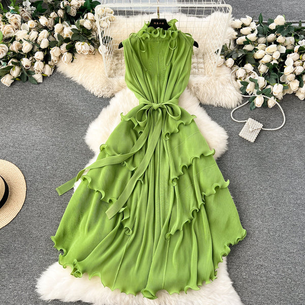 Solid Color Ruffled Sleeveless Dress