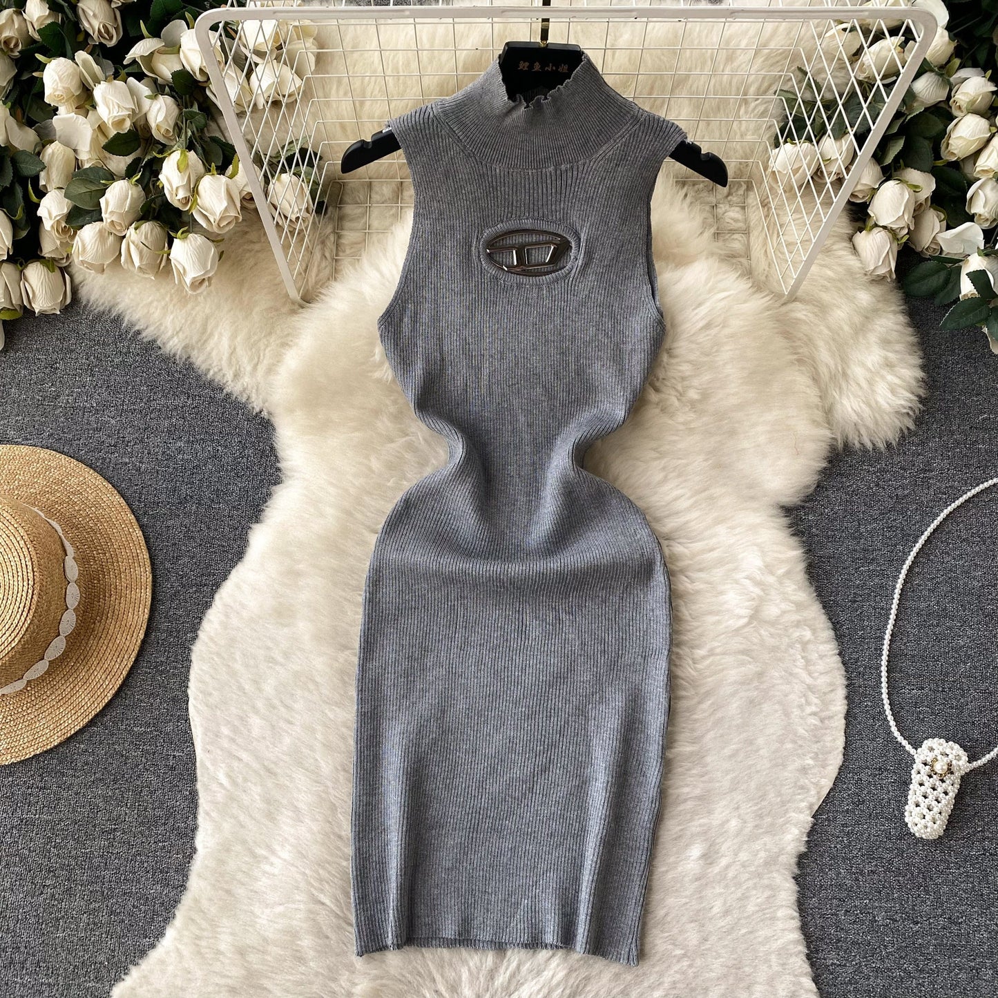 Open-Knit Semi-Turtleneck Bodycon Dress